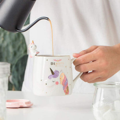 Einhorn-Becher keramische Kaffeetasse mit Einhornlöffel 380ML Rosa
