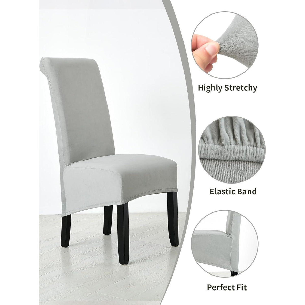 Samt Stuhlhussen 6er Set – Hellgrau, Abnehmbar & Waschbar