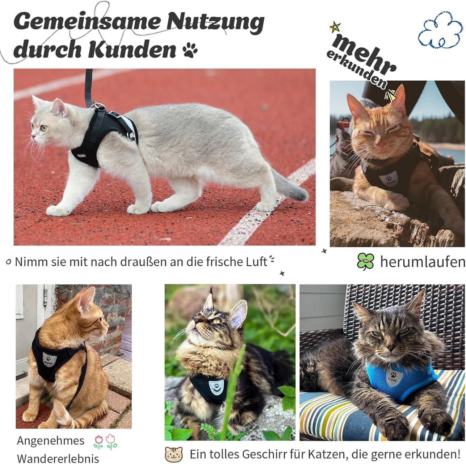Supet Katzengeschirr Weiches Geschirr mit Leine für Katzen Welpen M Grau