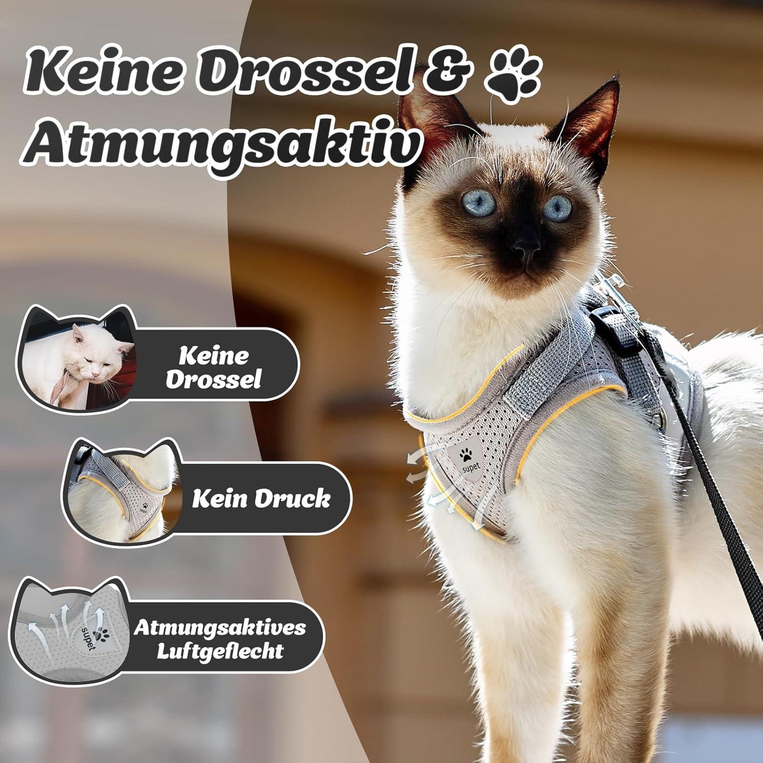 Supet Katzengeschirr mit Leine und Reflektorstreifen Grau S