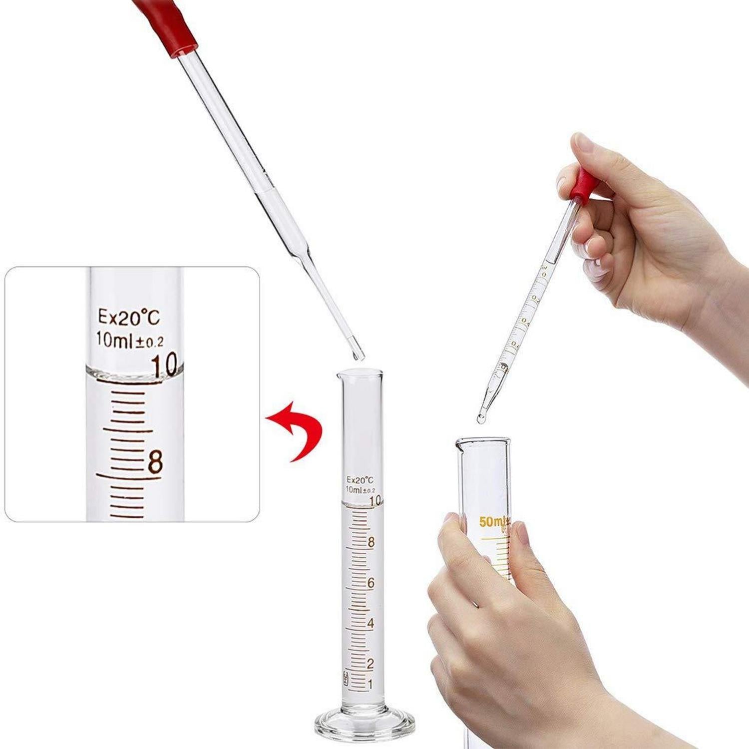 Messzylinder Set aus Glas, 13-teilig, mit 5ML 10ML 25ML 50ML 100ML, Pipetten, Waschbürste, Glasstab