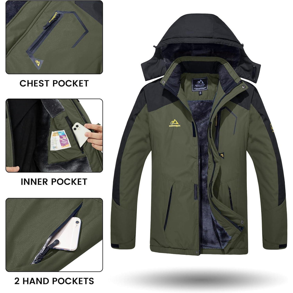 Herren Winterjacke wasserdicht warm gefüttert mit Kapuze Armeegrün L