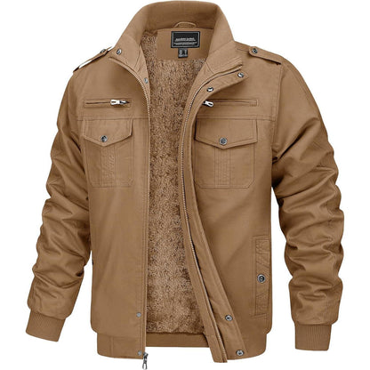 Herren Winterjacke Warm Fleece Übergangsjacke Militärstil Khaki L