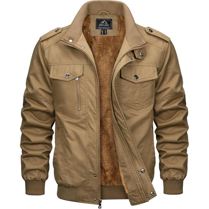 Herren Winterjacke Warm Gefüttert Fleecejacke Cargo Jacke Khaki