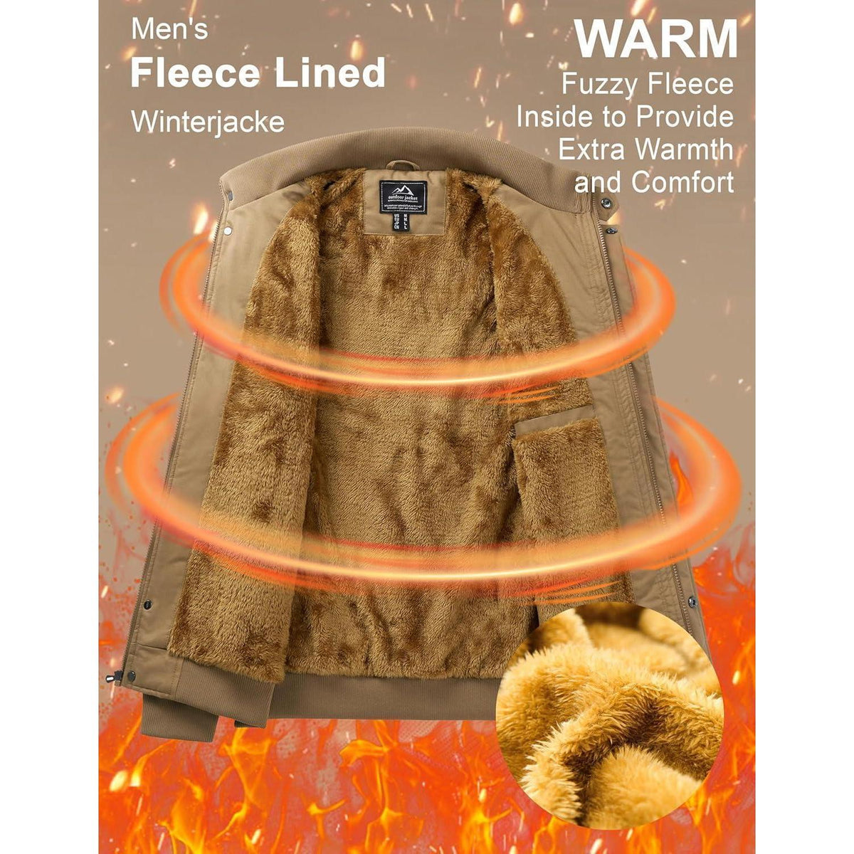 Herren Winterjacke Warm Gefüttert Fleecejacke Cargo Jacke Khaki
