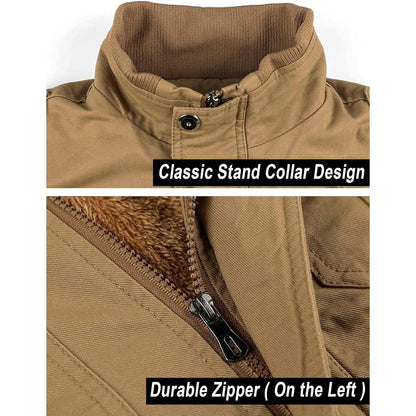 Herren Winterjacke Warm Gefüttert Fleecejacke Cargo Jacke Khaki