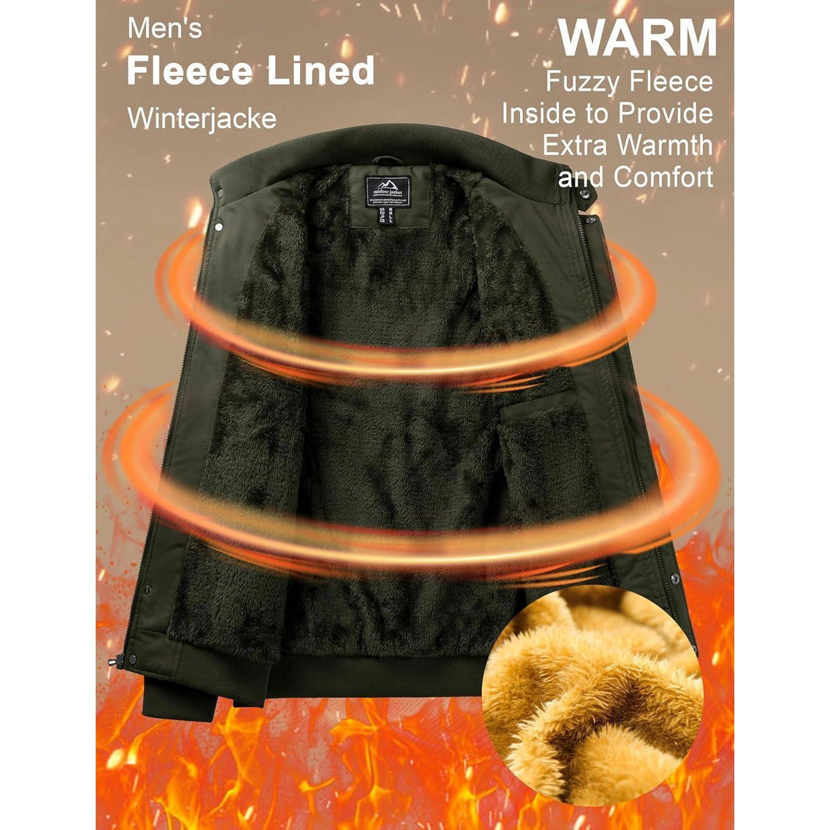 Herren Winterjacke Warm Gefüttert Fleecejacke Cargo Jacke Armygrün