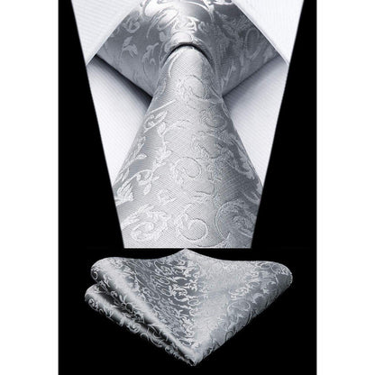 Herren Weste Krawatte Einstecktuch Set Silber-Grau Jacquard Seide