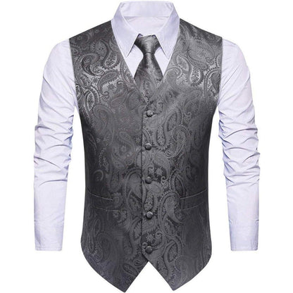 Herren Weste Paisley Floral Jacquard Krawatte Set Grau XS