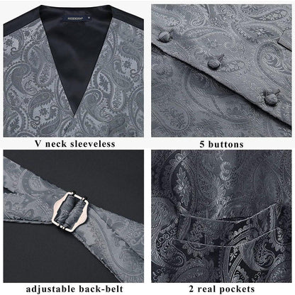 Herren Weste Paisley Floral Jacquard Krawatte Set Grau XS