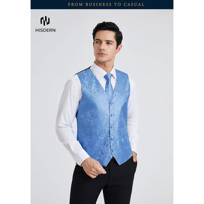 Herren Weste Krawatte Einstecktuch Set Jacquard Hellblau 6XL