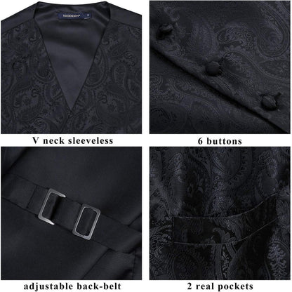 Herren Weste Krawatte Einstecktuch Set Paisley Jacquard 4XL Schwarz