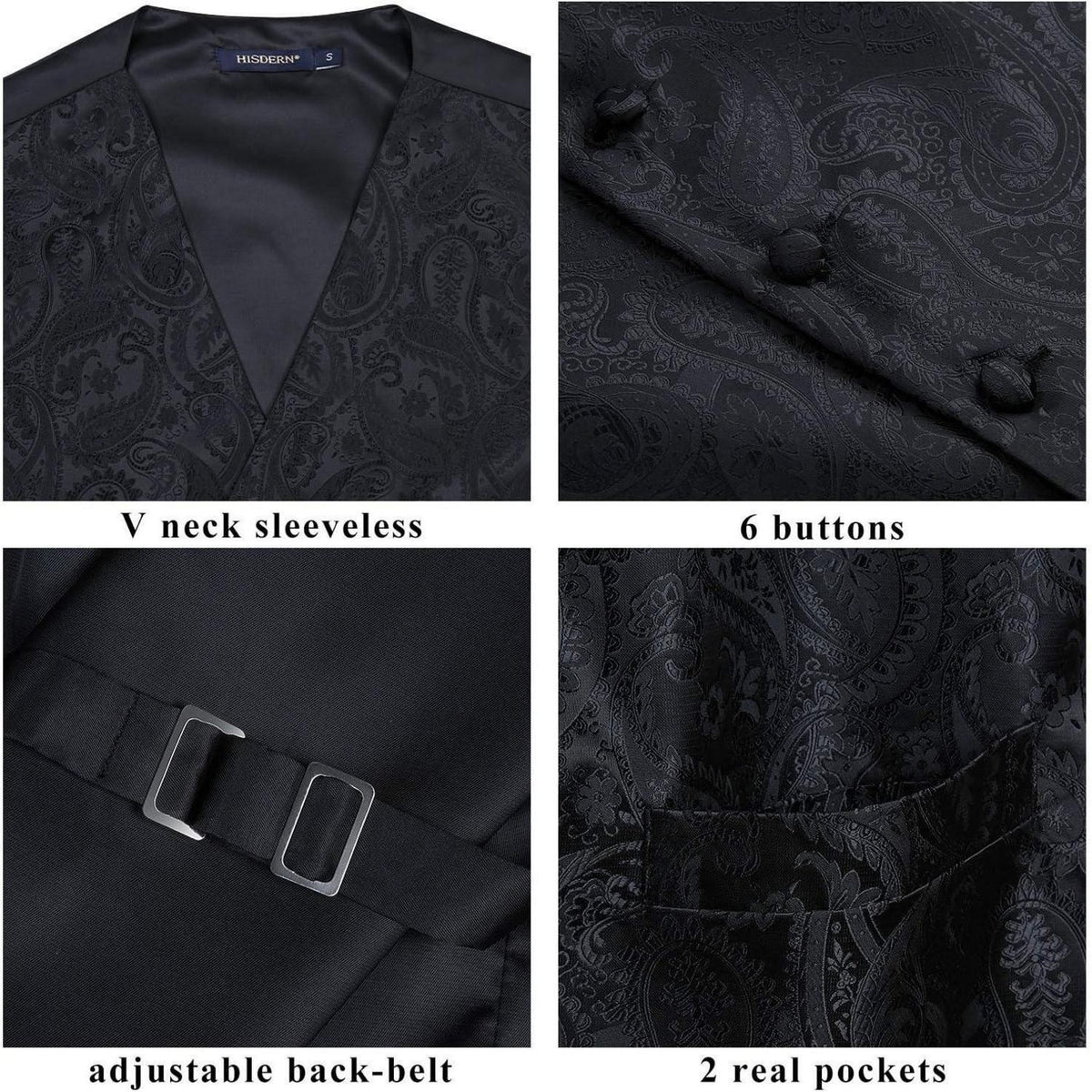 Herren Weste Krawatte Einstecktuch Set Paisley Jacquard Schwarz