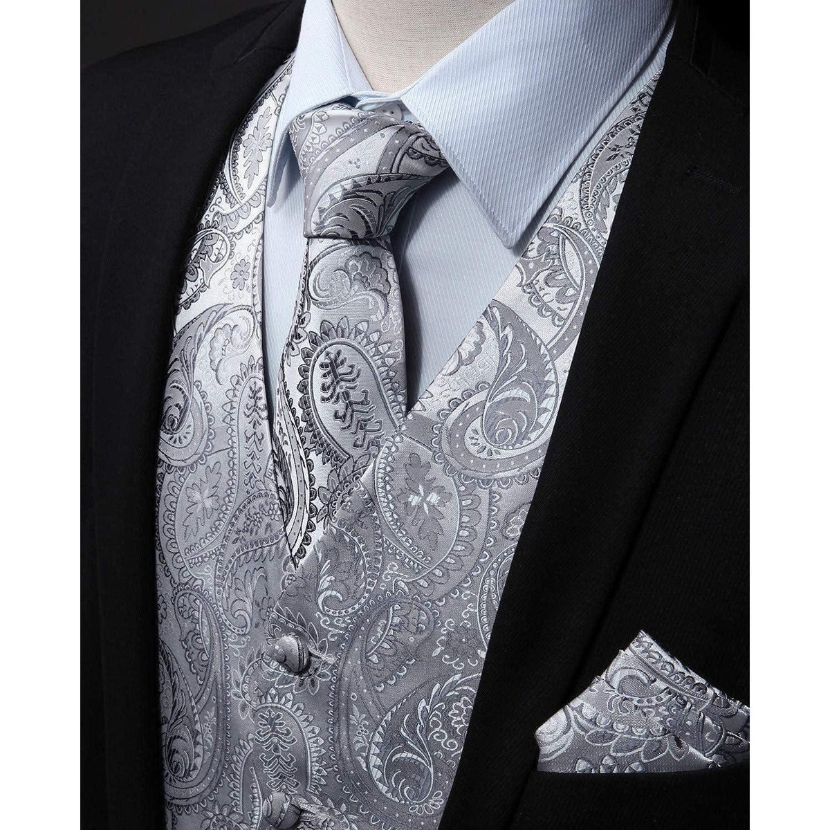 Herren Weste Krawatte Einstecktuch Set Paisley Floral Jacquard Grau 4XL