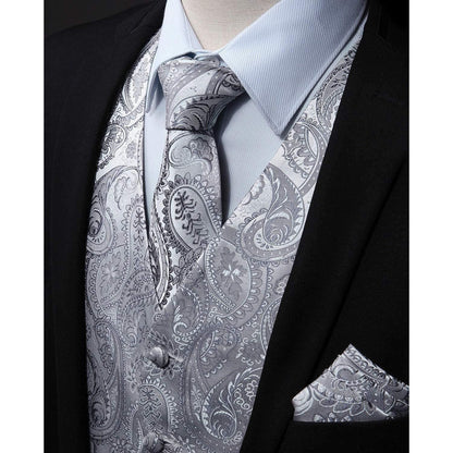 Herren Weste Krawatte Einstecktuch Set Paisley Floral Jacquard Grau 4XL