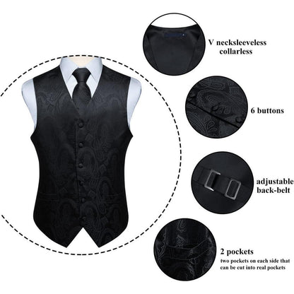 Herren Weste Krawatte Einstecktuch Set Paisley Floral Jacquard Gold