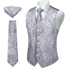 Herren Weste Krawatte Einstecktuch Set Paisley Floral Jacquard Grau