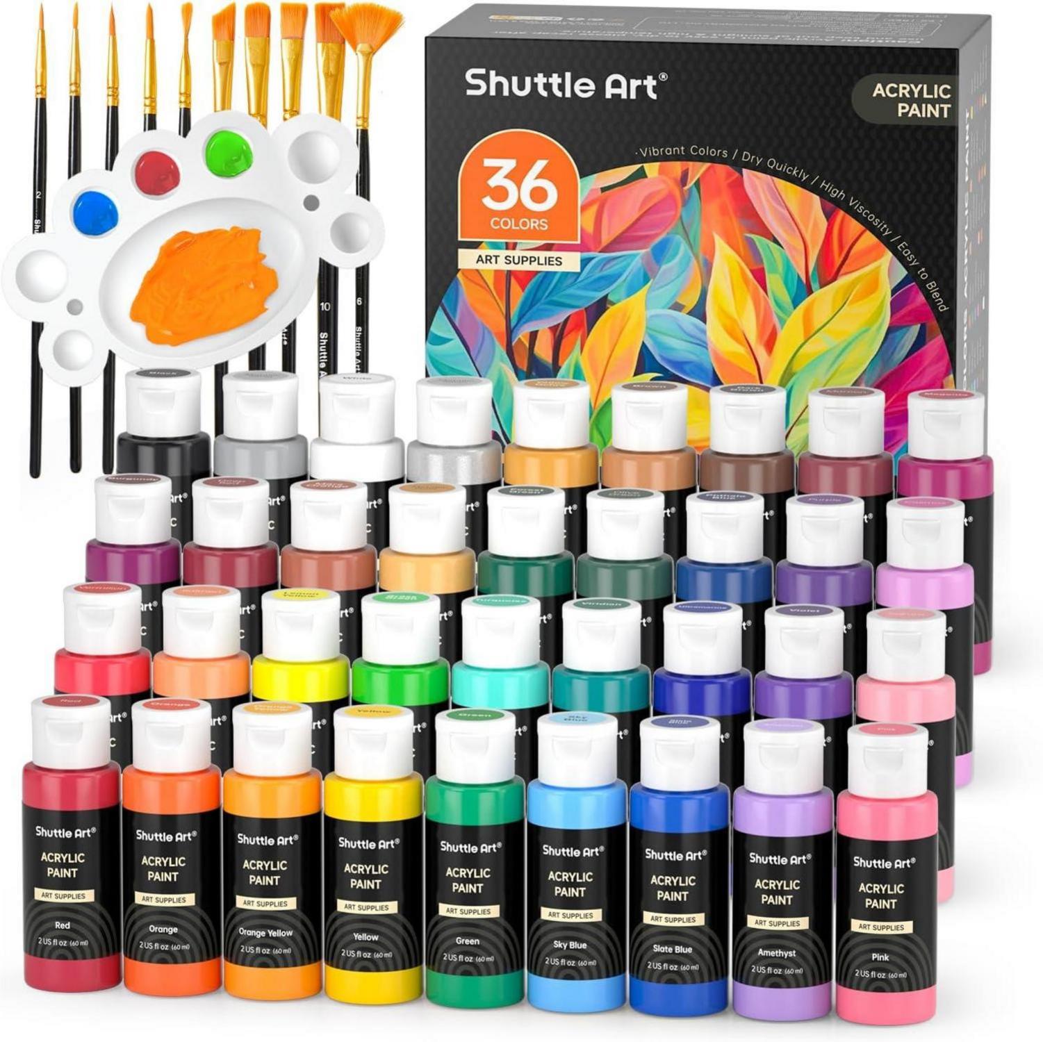 Acrylfarben Set 36 Farben Flaschen Pinsel Palette ungiftig wasserfest