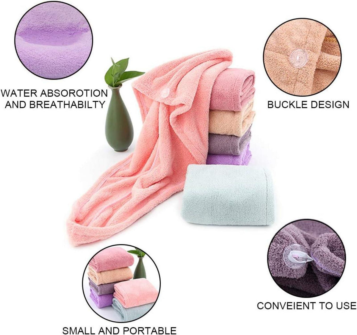 Haarturban 3er Set Pink Grau Lila Mikrofaser Knopf Handtuch