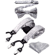 Herren Hosenträger Set mit Fliege & Einstecktuch, Grau Paisley