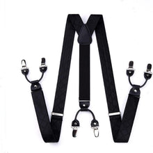 Herren Hosenträger Set mit Fliege und Einstecktuch, 3,5cm, 6 Clips, Schwarz Kariert