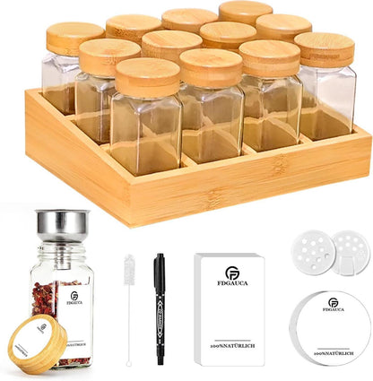Gewürzregal Bambuspalette 12 Gewürzgläser Organizer Etiketten