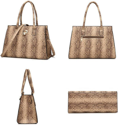 Schlangenhaut Damen Handtaschen Set 4-teilig in Henkel- Schulter- Umhänge- und Clutchtasche