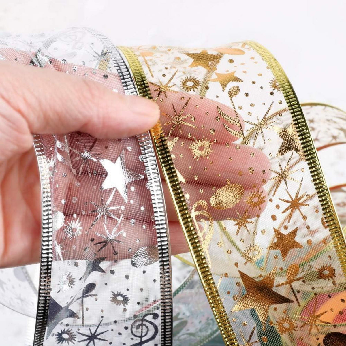 Weihnachtsband 10 Yard mit Draht Geschenkband Glitzerband 2 Rollen