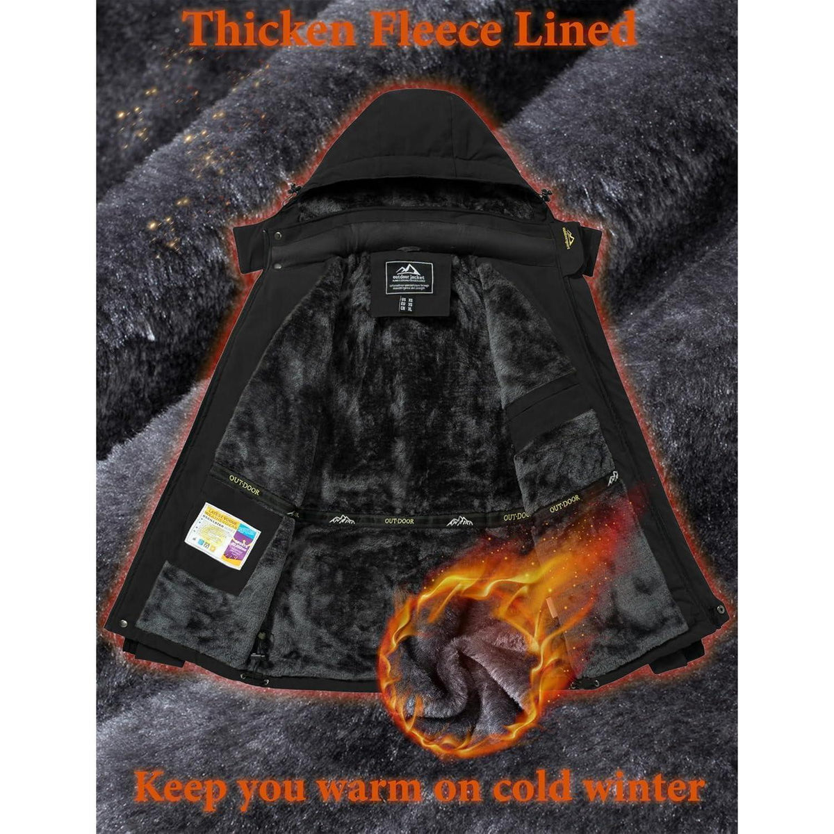 Herren Fleecejacke Winter Warm Gefüttert Skijacke Schwarz-Grau L