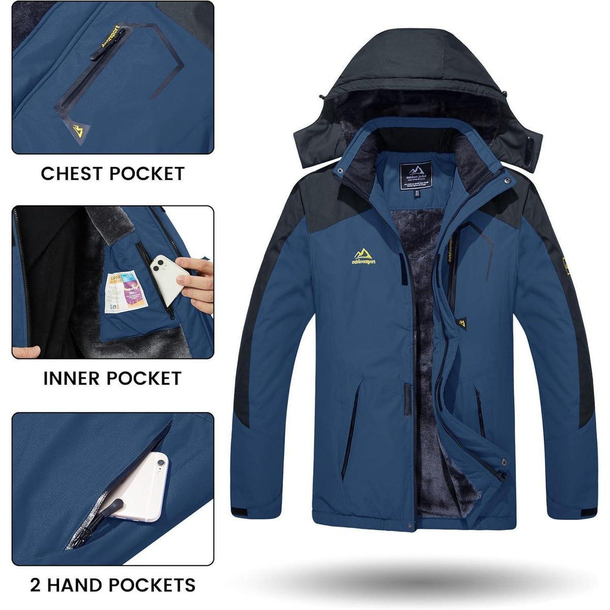 Herren Winterjacke wasserdicht warm gefüttert mit Kapuze XXL Denim Blau
