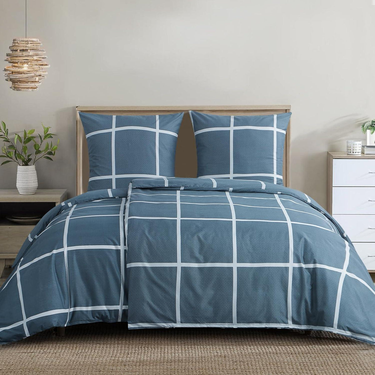 Bettwäsche Set 135x200cm 4-teilig Blau Karo Mikrofaser Reißverschluss
