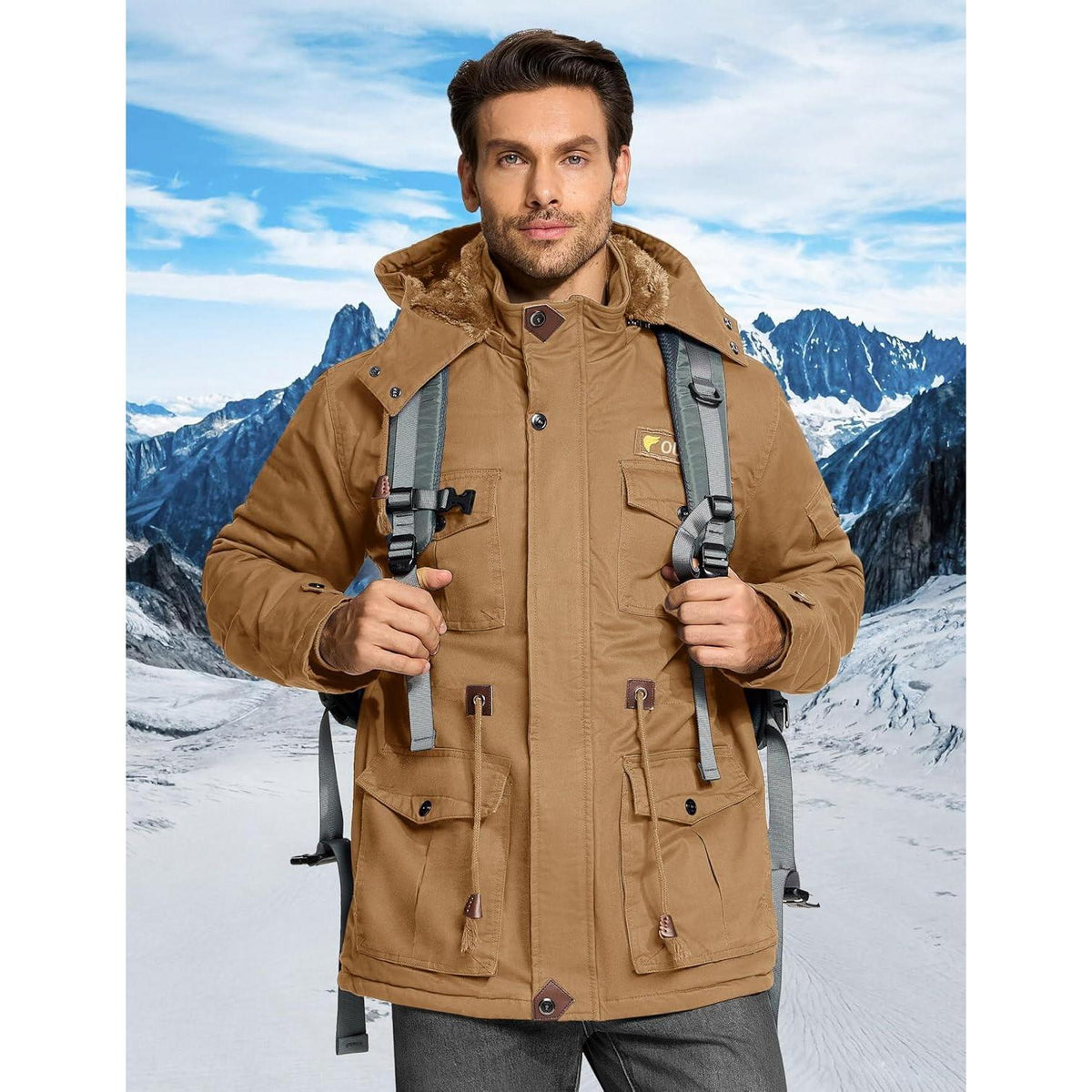 Herren Winterjacke gefüttert Fleece Parka mit Kapuze Khaki XL