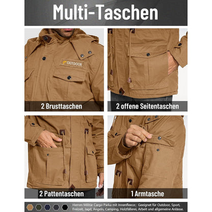 Herren Winterjacke gefüttert Fleece Parka mit Kapuze Khaki XL