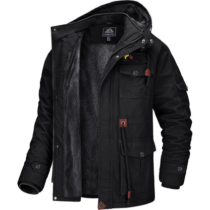 Herren Winterjacke gefüttert Fleece Parka mit Kapuze Schwarz XL