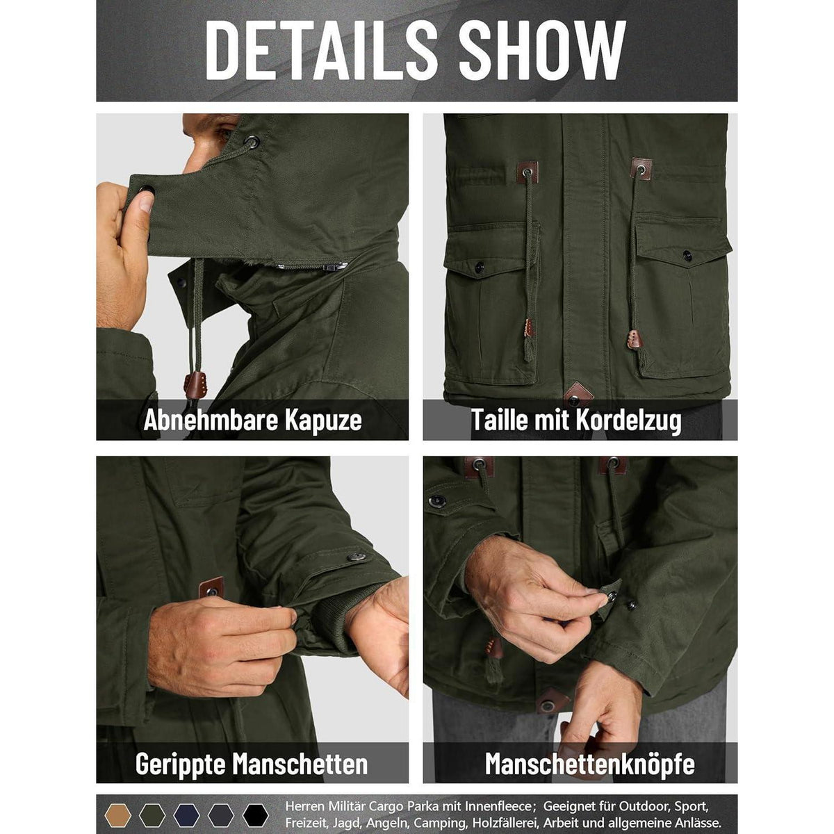 Warme Winterjacke Herren mit abnehmbarer Kapuze, Armeegrün