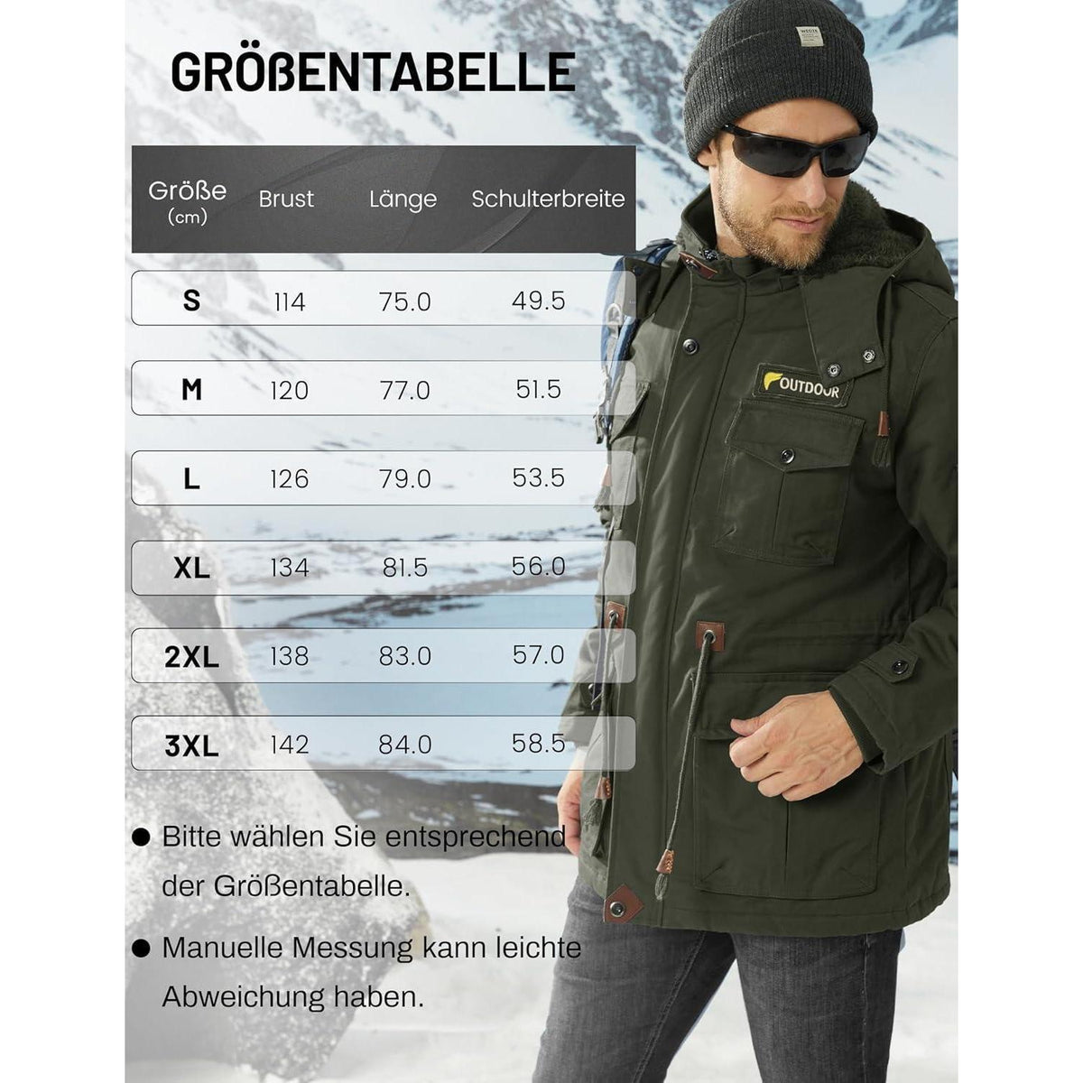 Warme Winterjacke Herren mit abnehmbarer Kapuze, Armeegrün