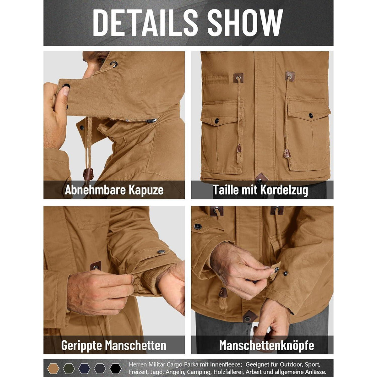 Warme Winterjacke Herren mit Fleece und abnehmbarer Kapuze