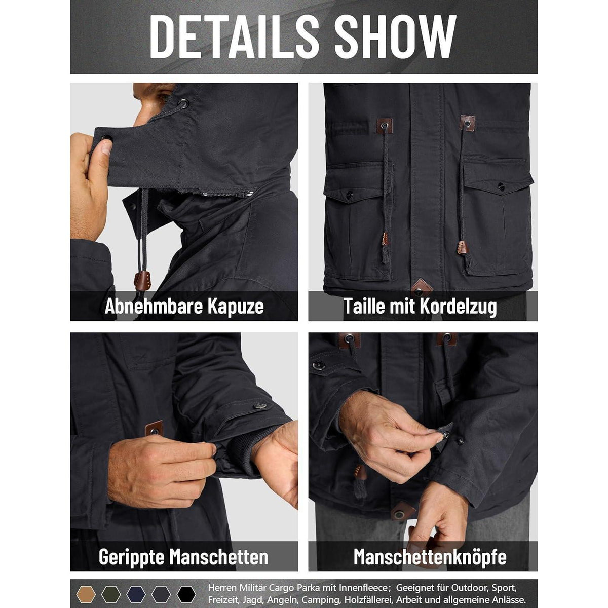 Herren Winterjacke gefüttert Fleece Parka mit Kapuze Grau