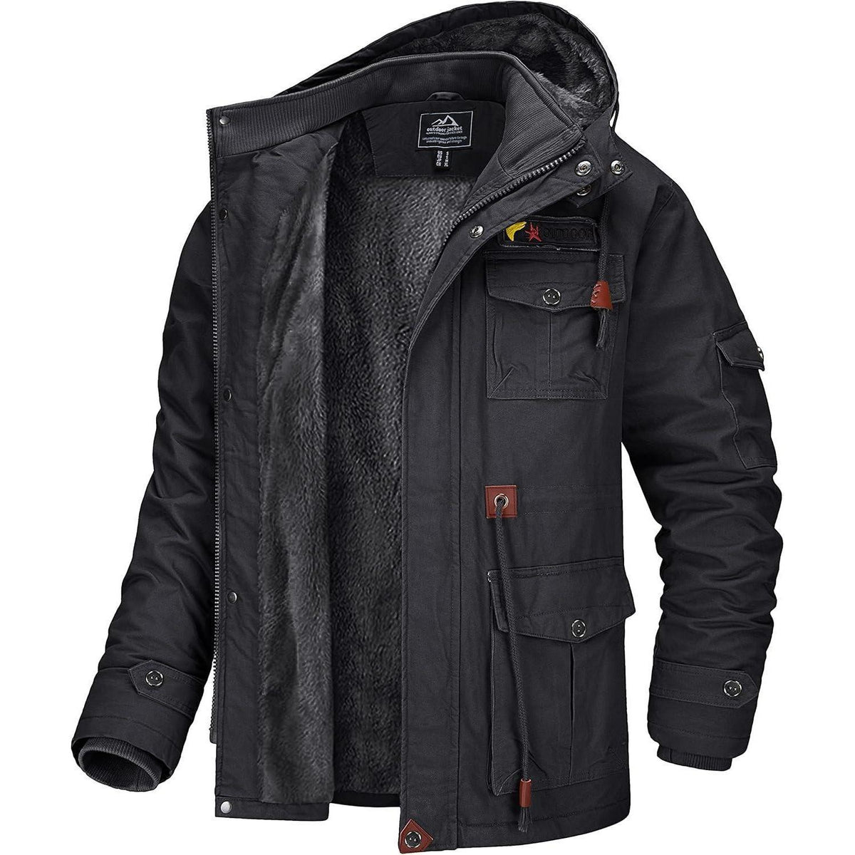 Herren Winterjacke gefüttert Fleece Parka mit Kapuze Grau XL