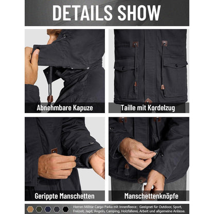 Herren Winterjacke gefüttert Fleece Parka mit Kapuze Grau XL