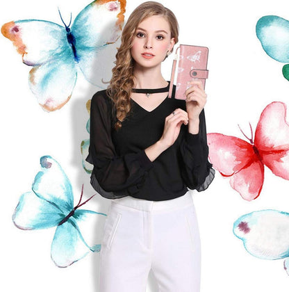 TEUEN Damen Geldbörse RFID Leder Groß Schmetterling Rosa