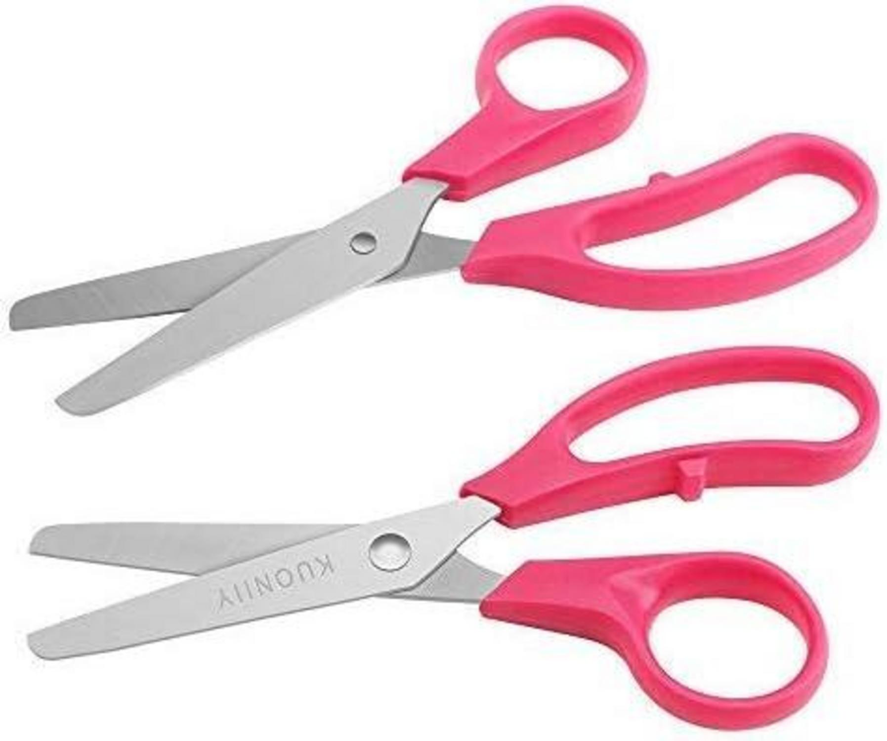 KUONIIY Kinderschere mit Edelstahl Klinge und Kunststoff Griff, abgerundete Spitze, 2er Pack, Rot Grün, lebenslange Garantie