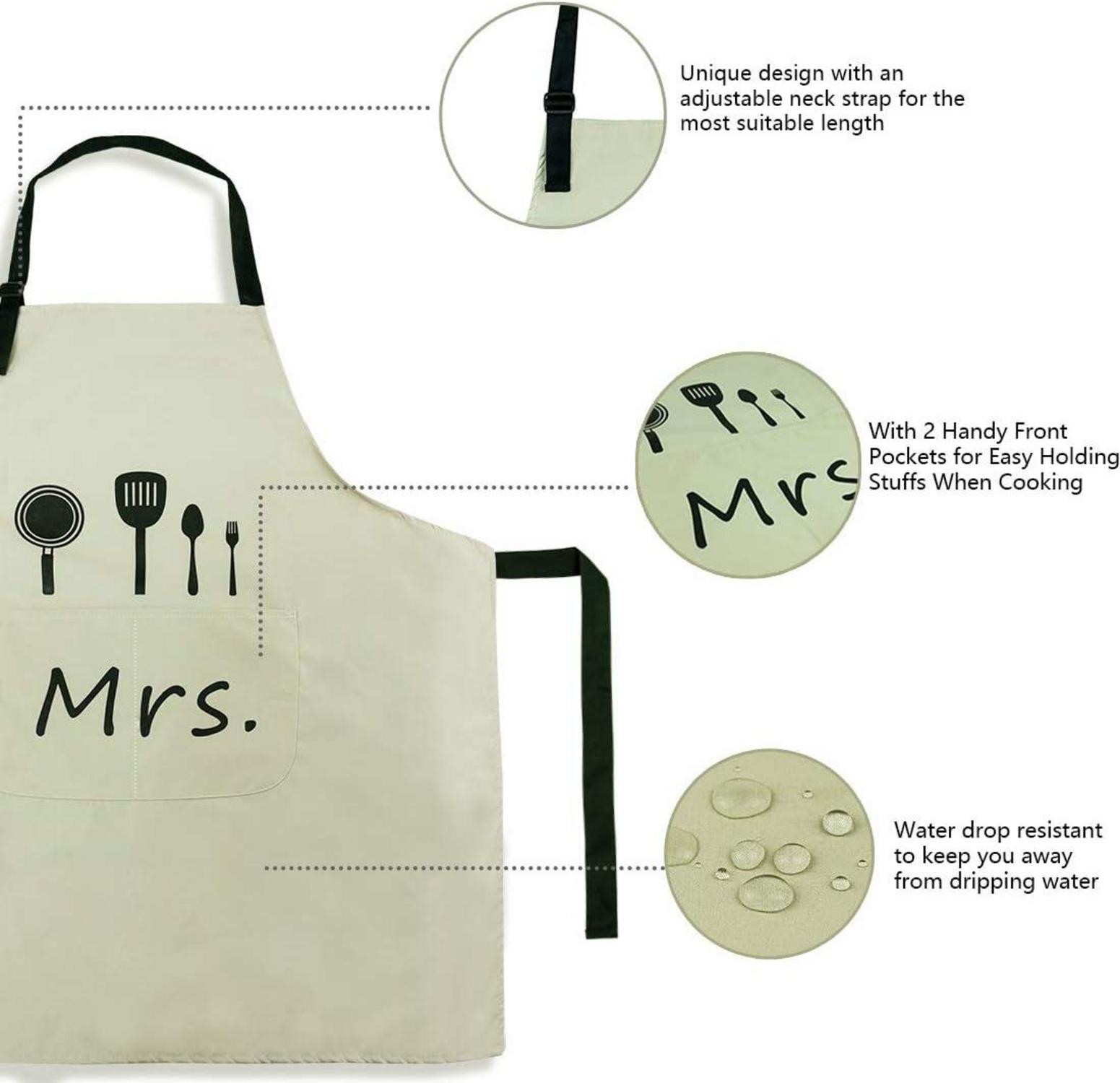 ETLEE Mr. & Mrs Küchenschürze mit verstellbarem Nackenbügel und 2 Taschen - Schwarz Beige