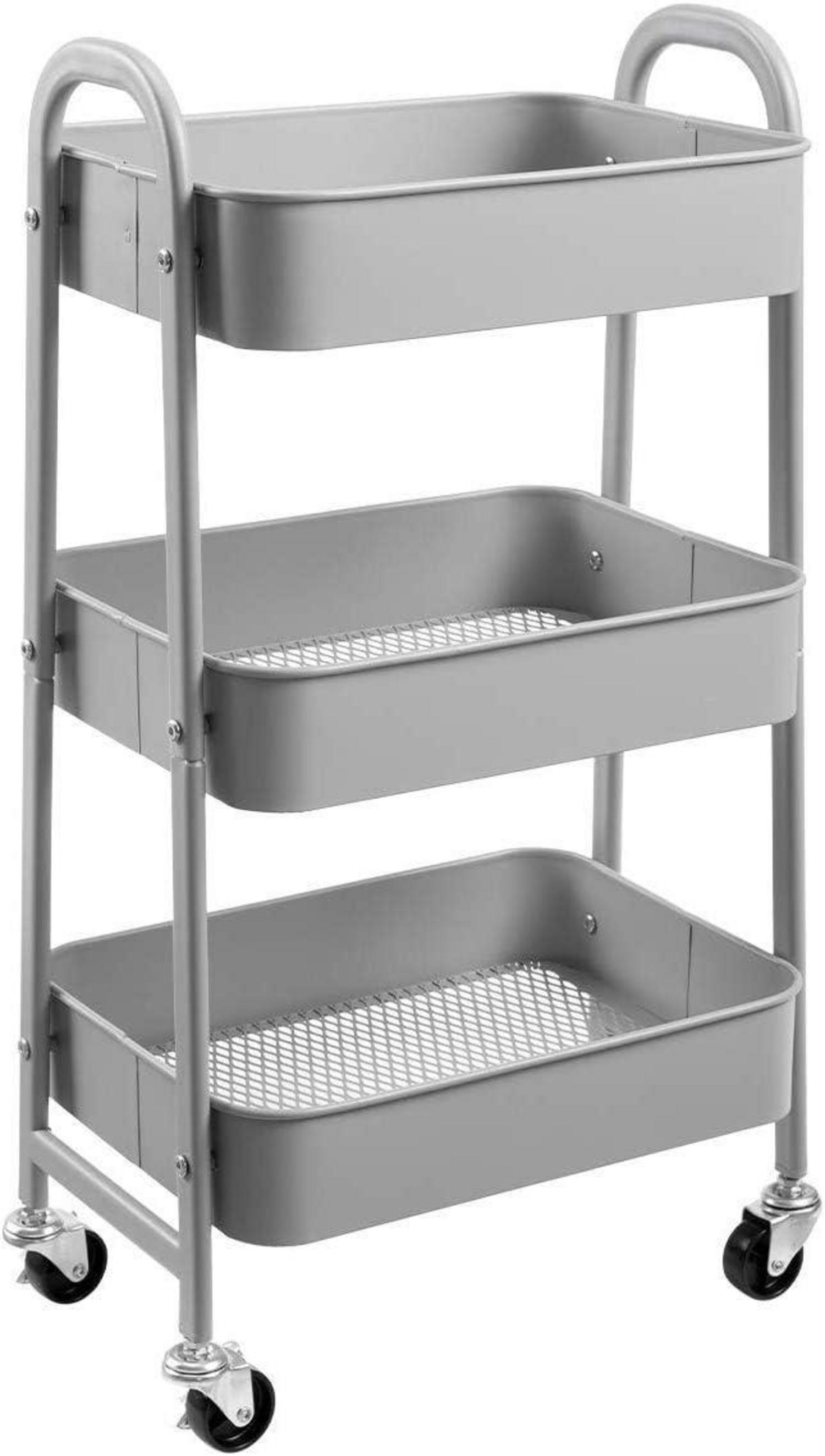 Rollwagen Metall Servierwagen 3 Etagen Organizer Küchenwagen Grau