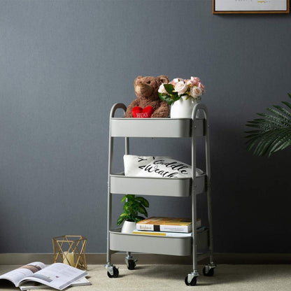 Rollwagen Metall Servierwagen 3 Etagen Organizer Küchenwagen Grau