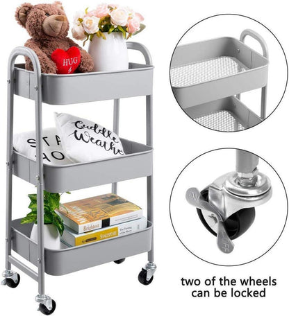 Rollwagen Metall Aufbewahrungswagen 3-Etagen Servierwagen Organizer Grau