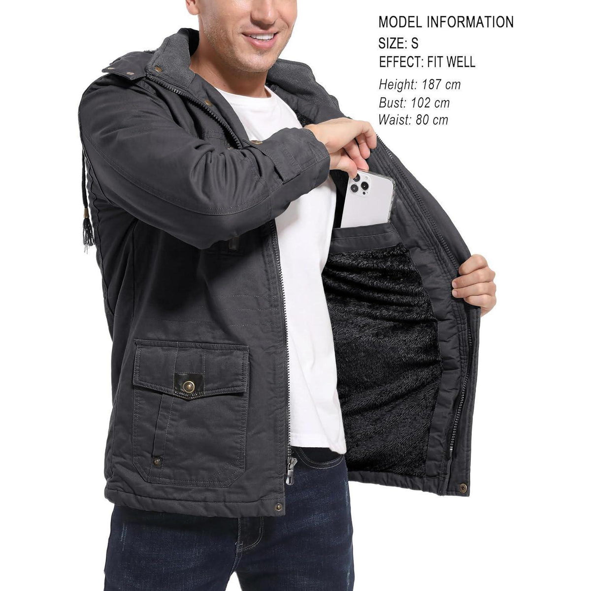 Warme Winterjacke Herren mit abnehmbarer Kapuze Grau