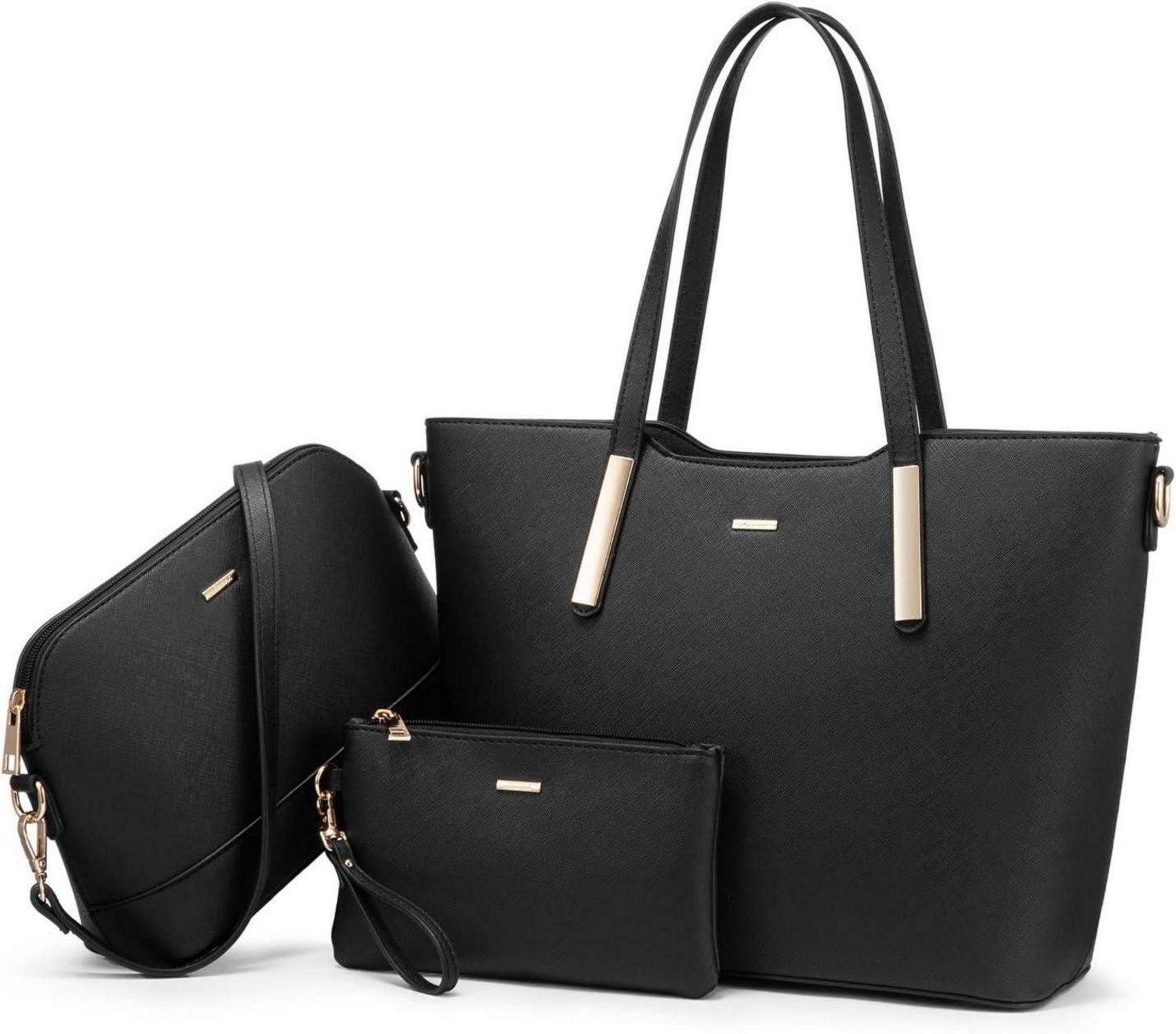 Schwarze Damen Handtasche Set Schultertasche Shopper Tote A4