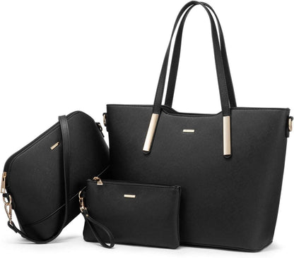Schwarze Damen Handtasche Set Schultertasche Shopper Tote A4