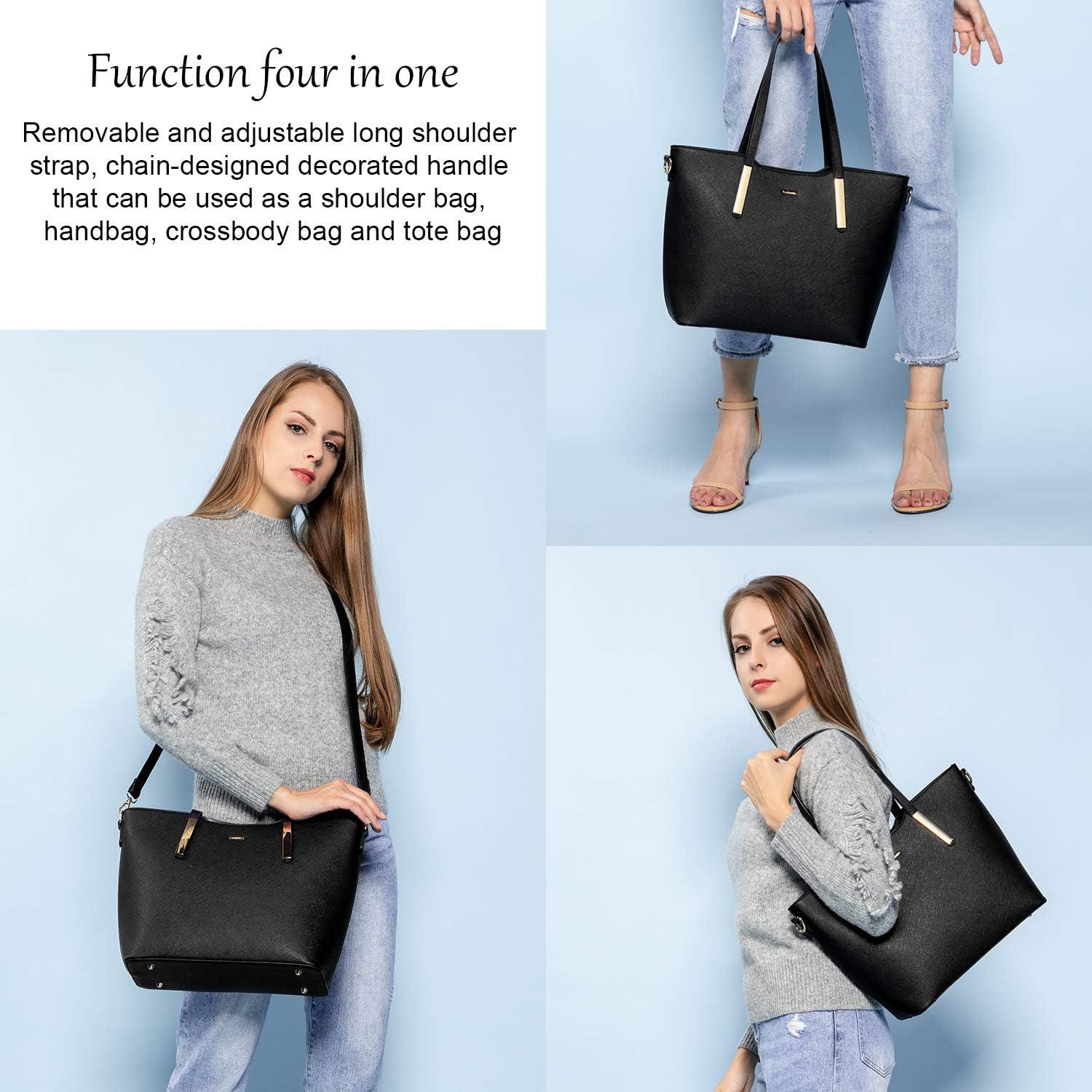 Schwarze Damen Handtasche Set, Leder Shopper Büro Schule